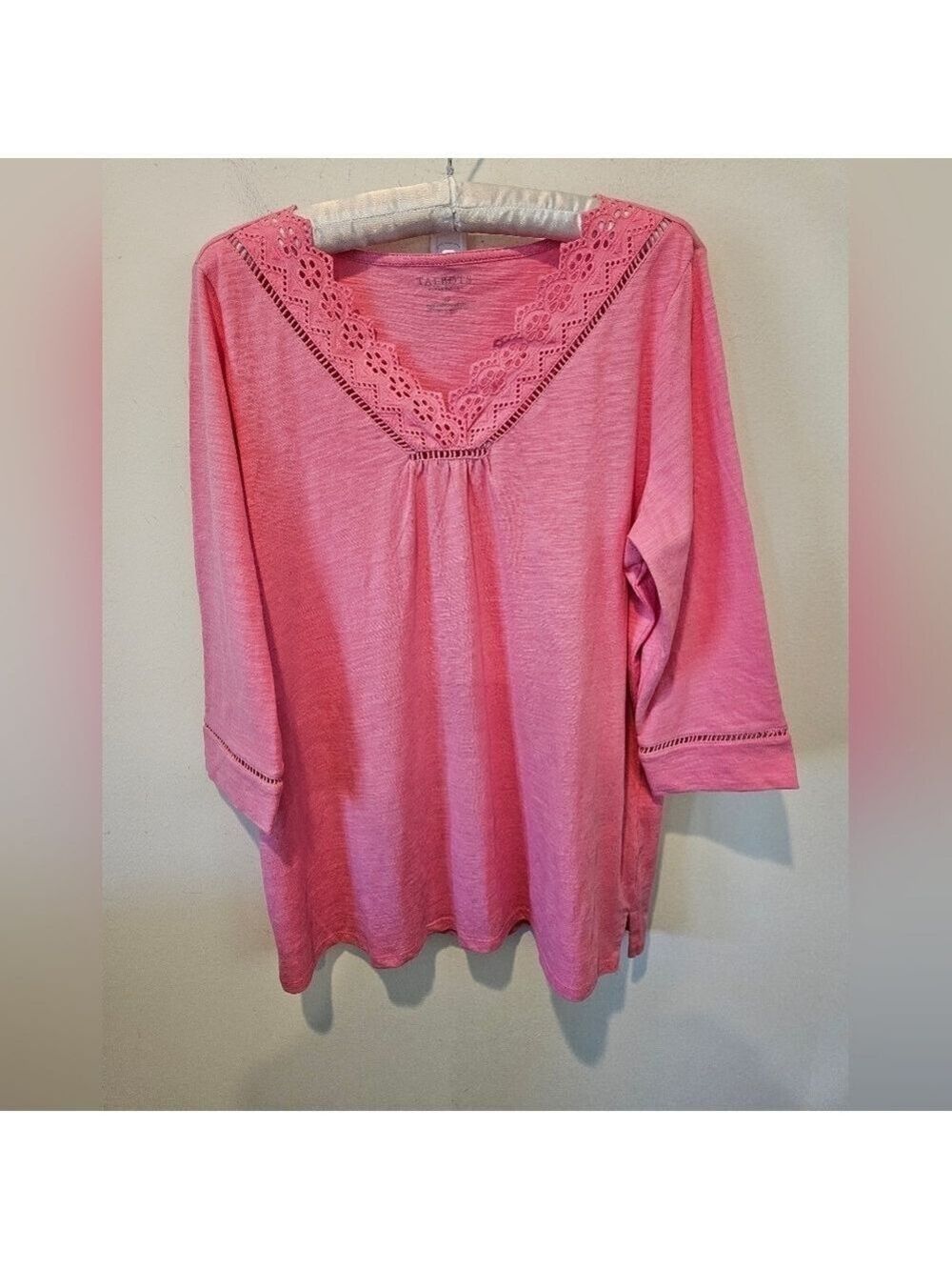 TALBOTS WOMEN'S BARBIE PINK V-NECKLINE EYELET 3/4 SLEEVE TUNIC TOP SIZE 1X